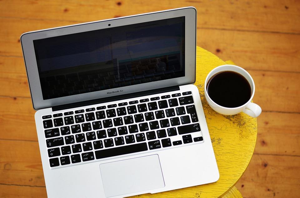 Laptop, Computer, Cup Of Coffee, Yellow, Stool